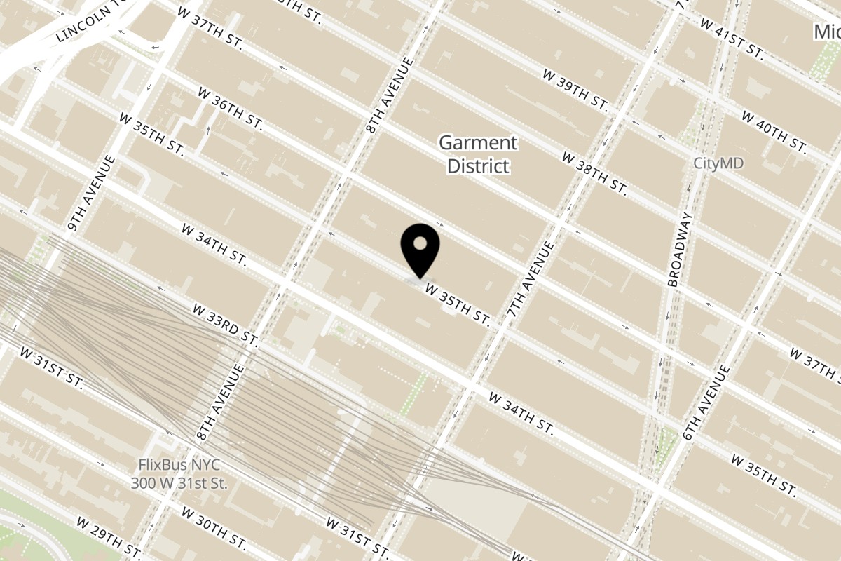 Map showing the location of YGF Malatang 213 West 35th Street on 213 W 35th St in New York